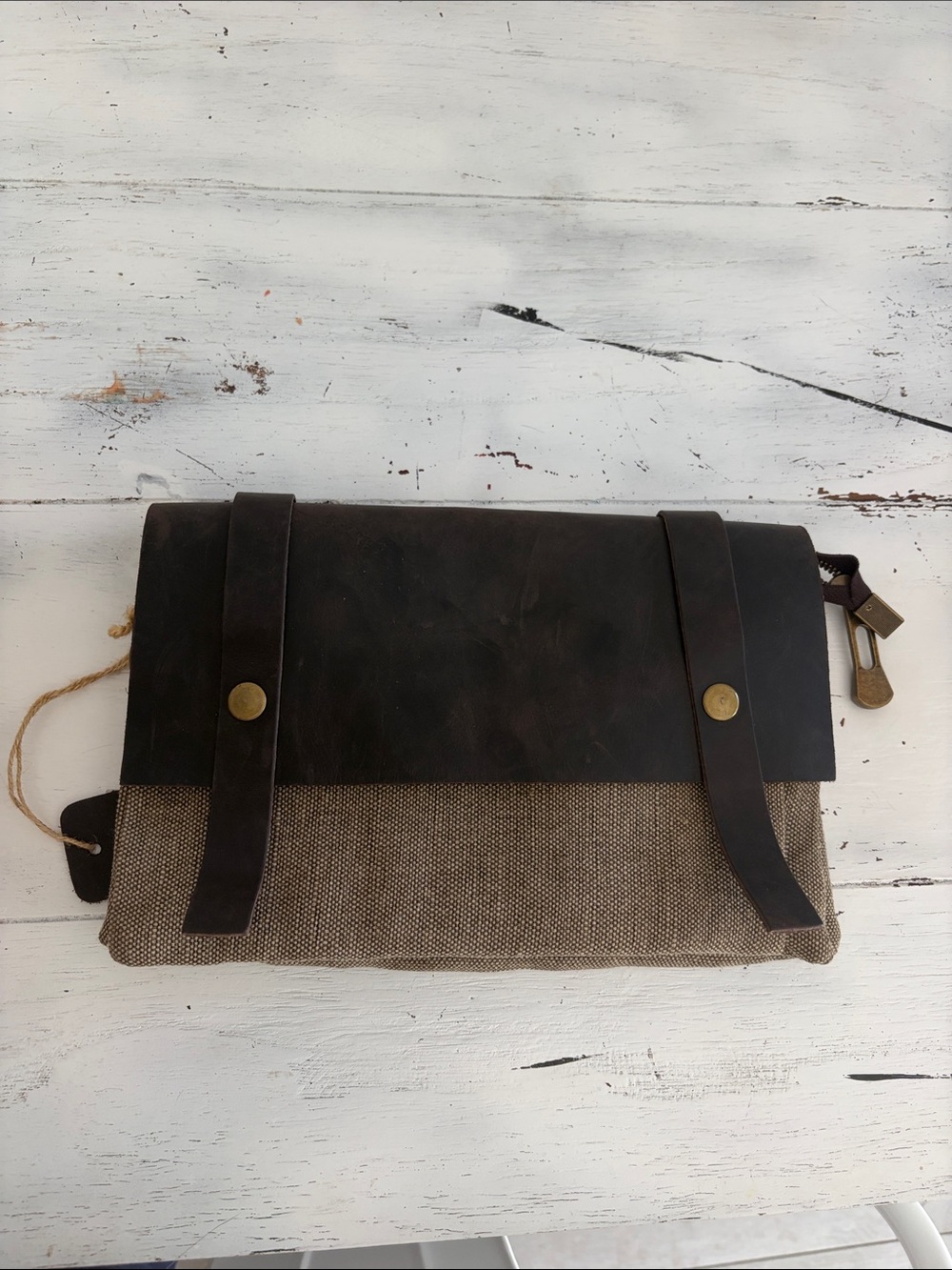 Mens Brown Canvas and Leather Envelope Clutch - Dark Brown nwt euro
